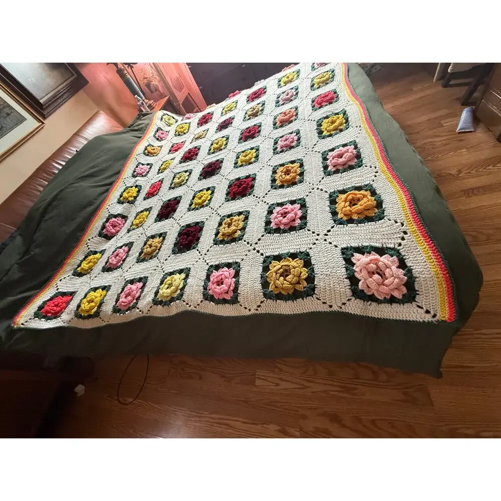 Vintage Granny 3D Rose Square Crochet Afghan Blanket Multi Color Handmade Flower